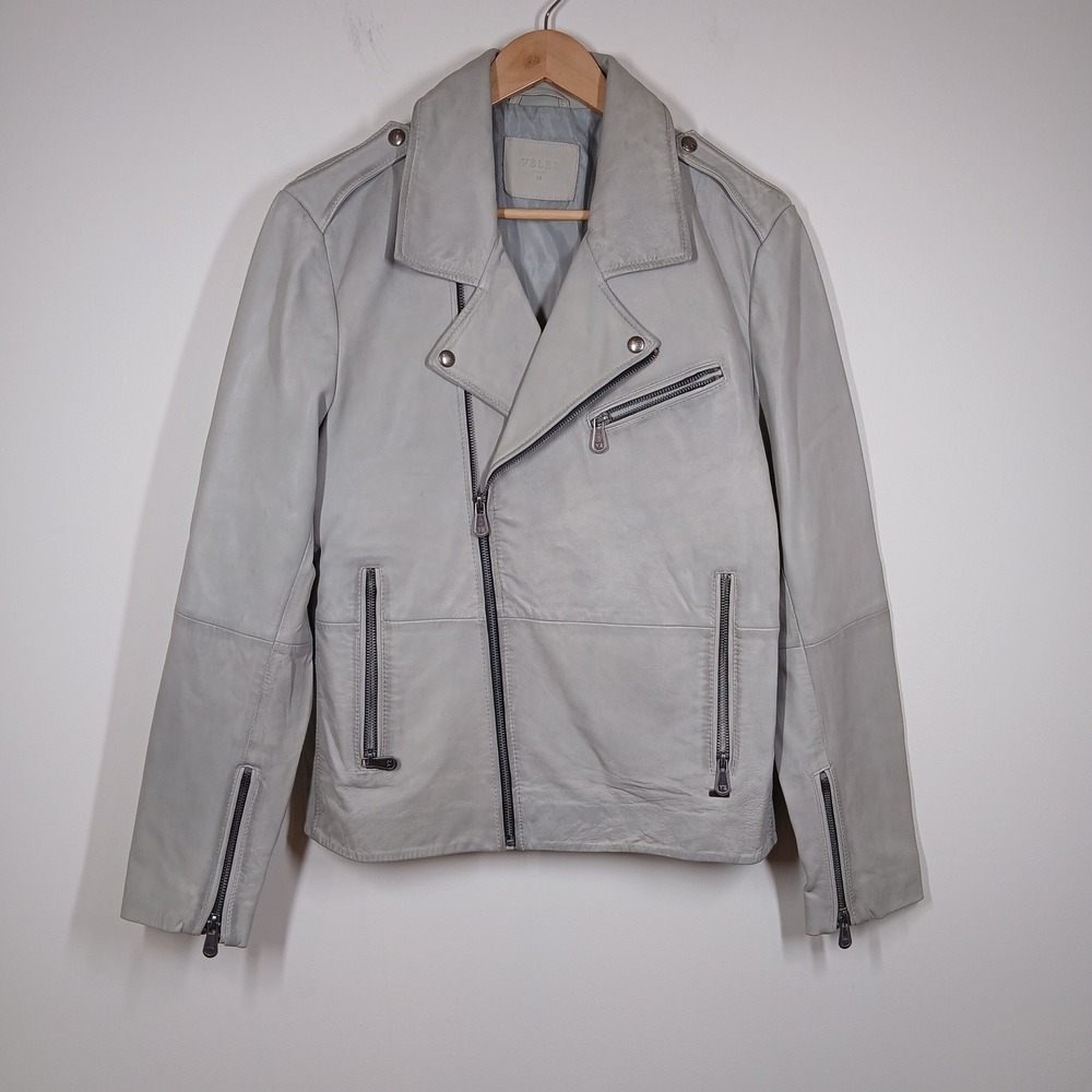 Velez Moto Jacket Mens Medium Light Gray Sheep Leather Biker Cafe Racer Zip Punk
